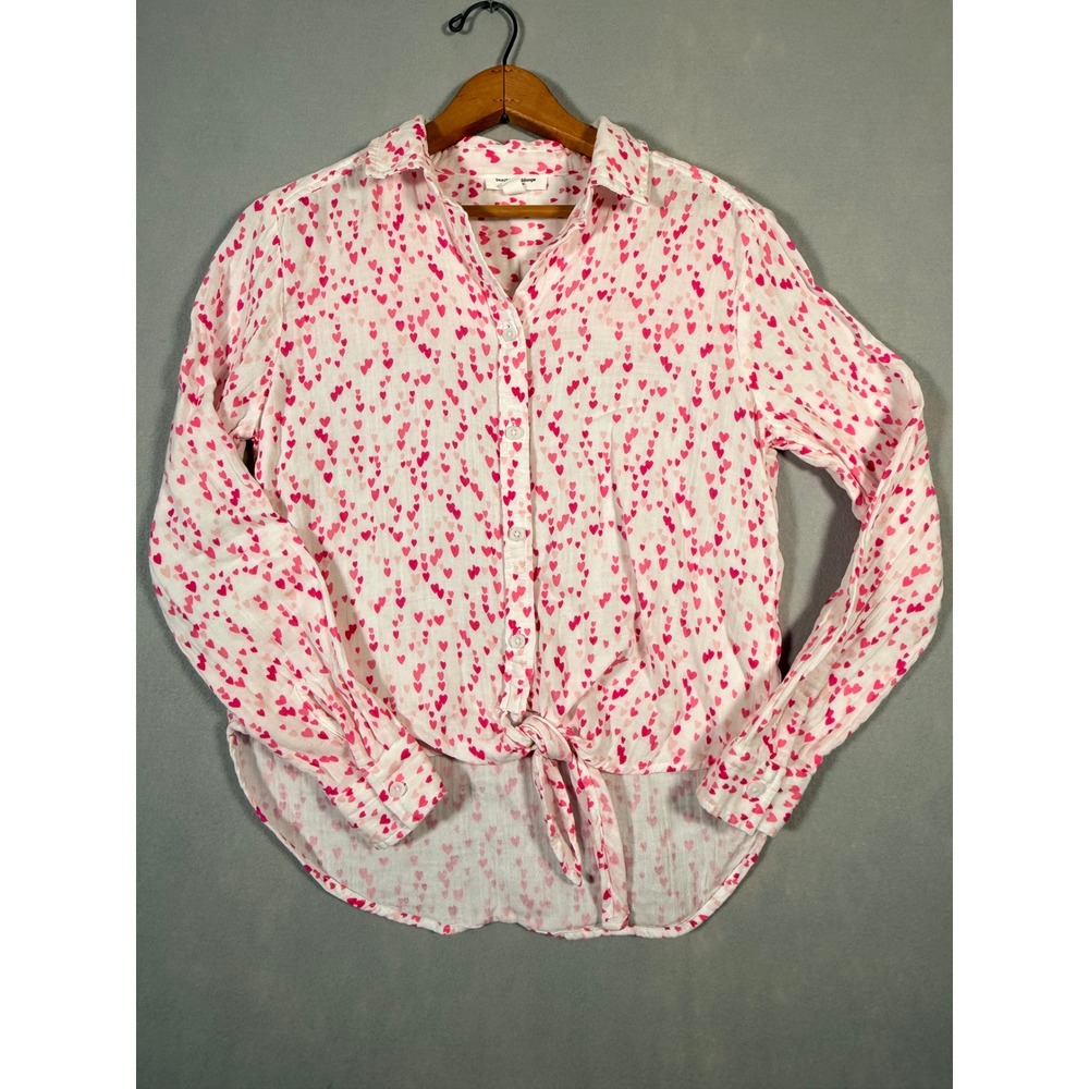 Beach lunch lounge Heart Print Cotton Gauze Tie Front Shirt Pink Red XS LPT5893
